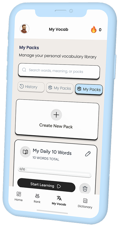 VocabMate Pro custom vocabulary pack creation with My Packs feature