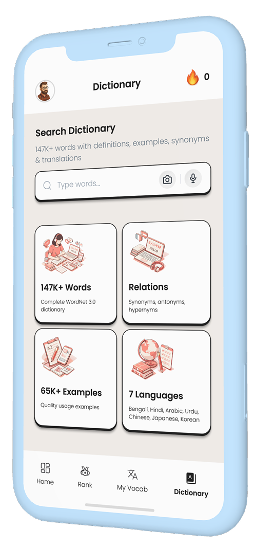 VocabMate Pro dictionary showing 147K words with definitions, synonyms, and examples