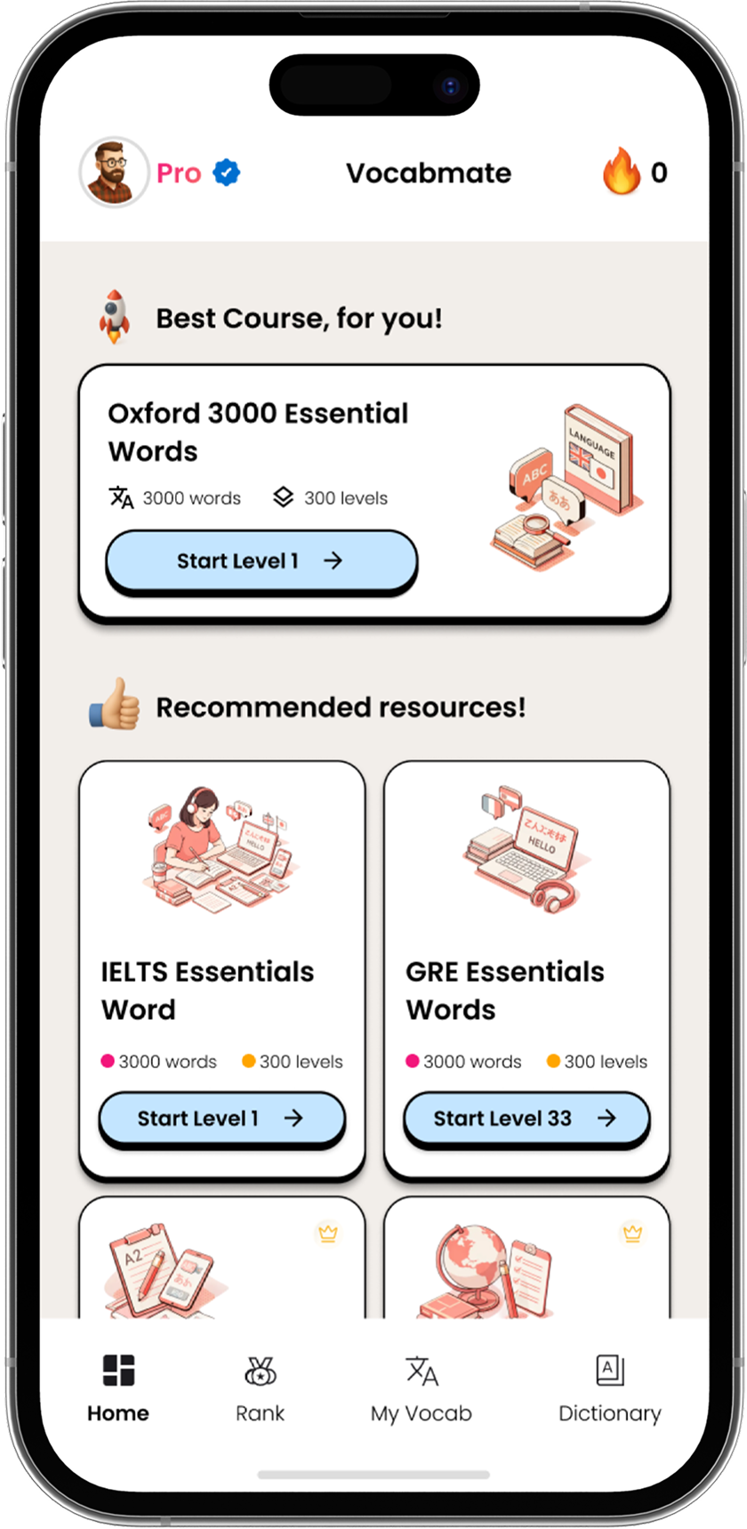 VocabMate Pro app showing Oxford 3000 vocabulary pack with IELTS and GRE learning resources