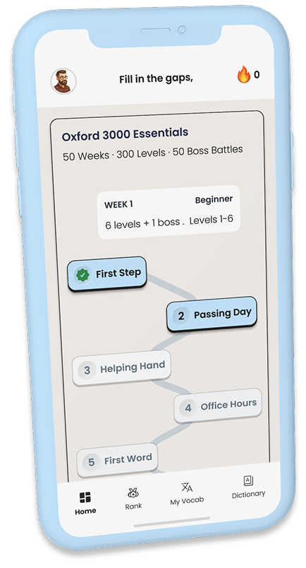 VocabMate Pro roadmap showing Oxford 3000 levels and boss battles